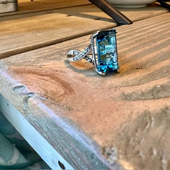 Ross Simons Sterling Silver Emerald Cut Blue Obsidian and Blue Zircon Ring